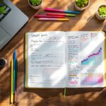 Organized goal journaling workspace with open journal showing handwritten SMART goals, colorful tracking charts, pens, coffee cup, laptop, and succulents on wooden desk with natural lighting.