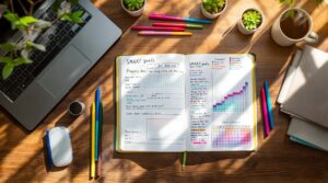 Organized goal journaling workspace with open journal showing handwritten SMART goals, colorful tracking charts, pens, coffee cup, laptop, and succulents on wooden desk with natural lighting.