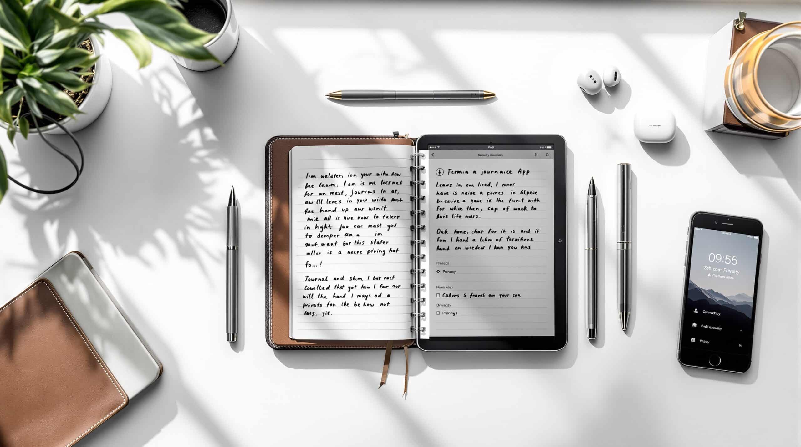 Modern journaling tools displayed in flat lay composition featuring leather notebook, digital tablet with journaling app, fountain pen, smart stylus, and smartphone on clean white desk surface.