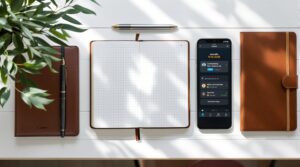 Modern flat lay of essential journaling tools including leather notebook, iPad with digital app, fountain pen, stylus, and smartphone arranged on white wooden desk with natural lighting.