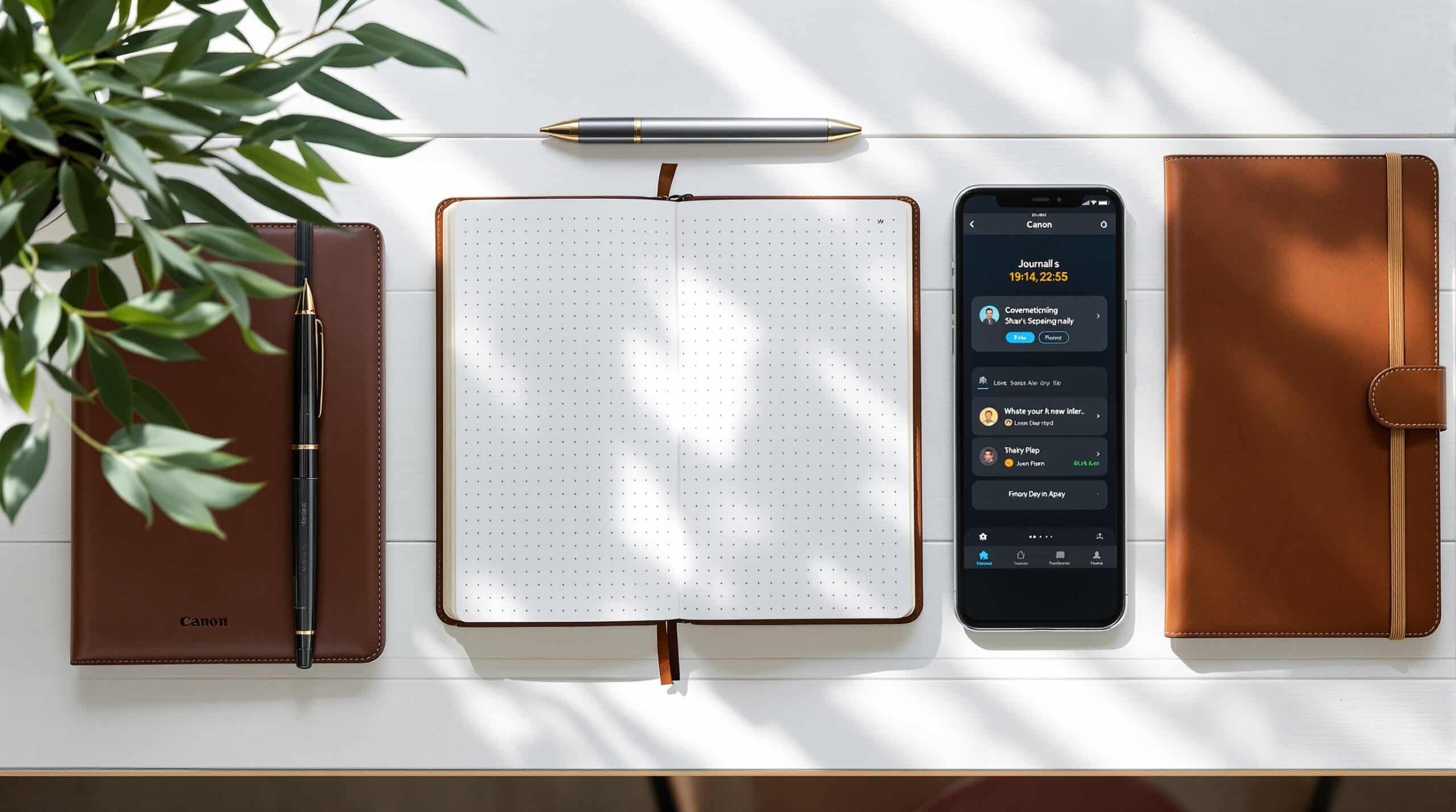 Modern flat lay of essential journaling tools including leather notebook, iPad with digital app, fountain pen, stylus, and smartphone arranged on white wooden desk with natural lighting.