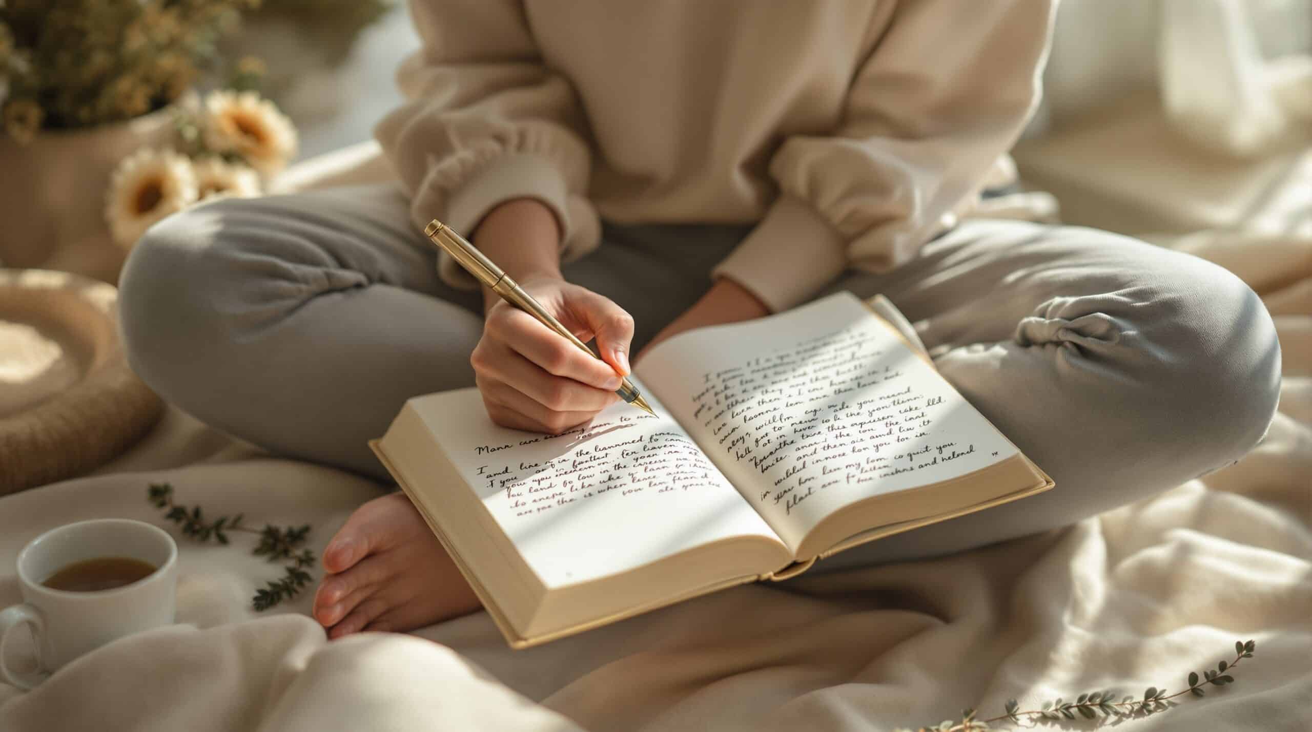 Person practicing mindful journaling in morning light with open journal and fountain pen