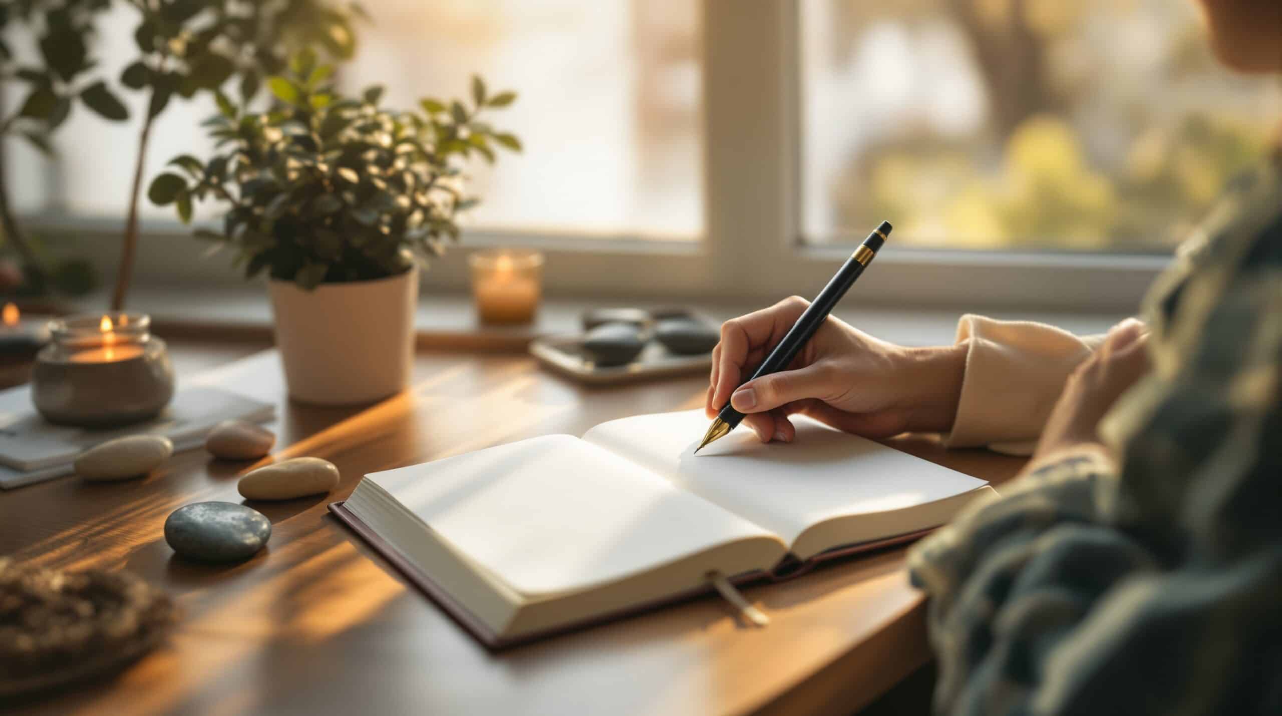 Person practicing mindful journaling at wooden desk by window with soft morning light, writing in leather journal with fountain pen surrounded by minimalist decor including plant, stone, and candle.