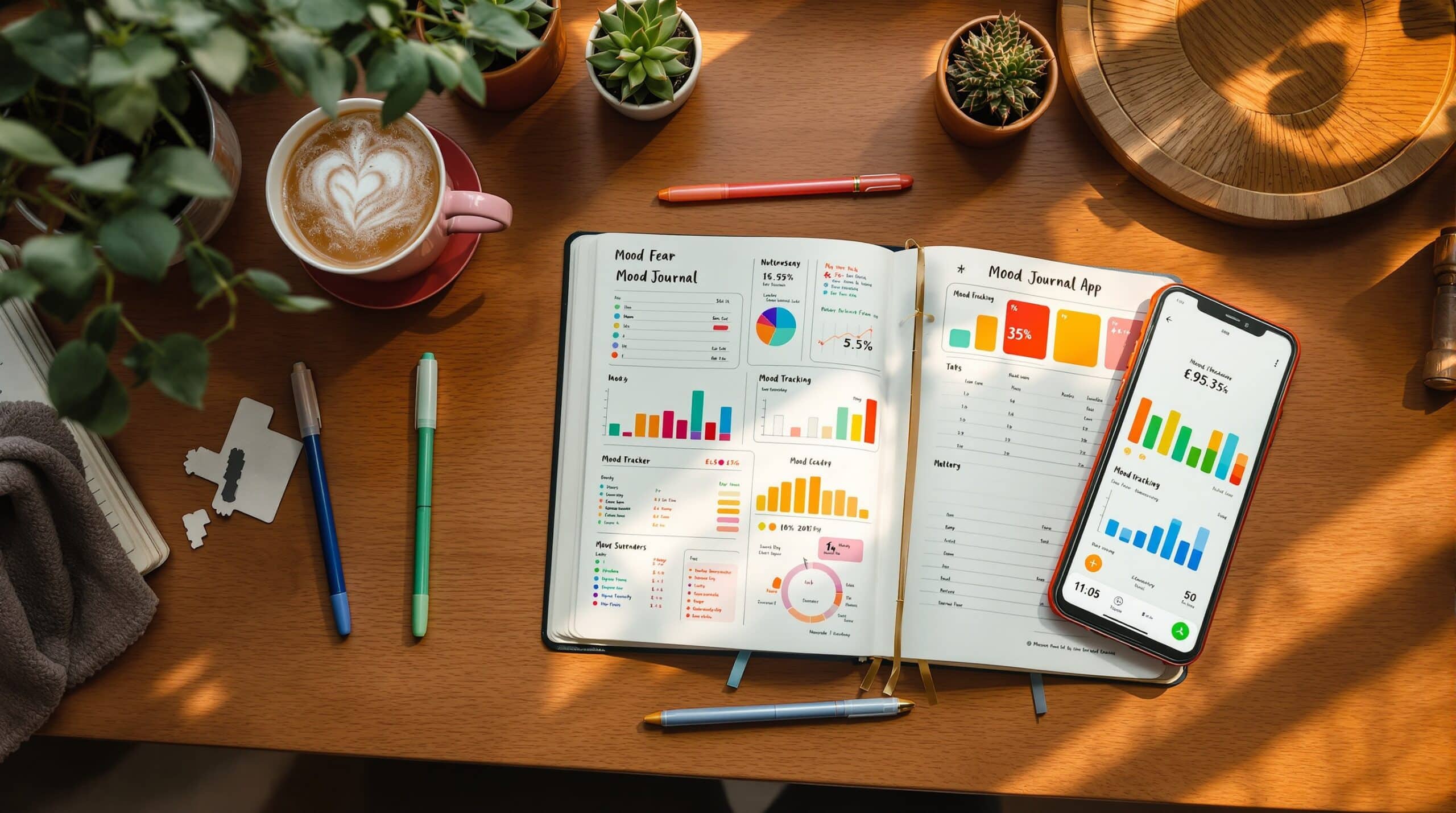 Overhead view of a mood journaling workspace featuring an open journal with colorful emotion charts, smartphone mood tracking app, herbal tea, gel pens, and succulents on a wooden desk in warm natural lighting.