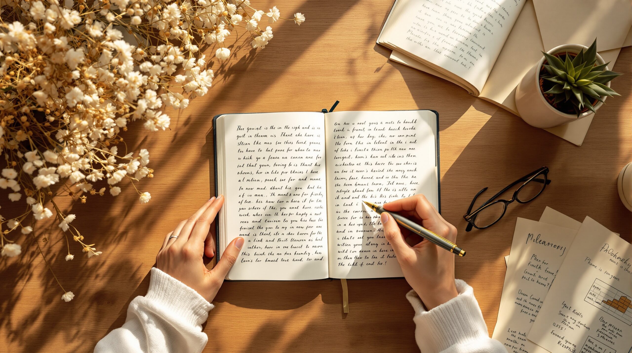 Peaceful Morning Journal Writing Ritual Person's hands engaged in personal journaling with fountain pen in open notebook, surrounded by dried flowers, tea cup, and soft morning light on wooden desk.