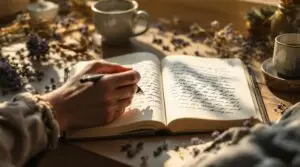 Person writing in leather journal with fountain pen during peaceful morning personal journaling session, surrounded by dried lavender, tea cup, and warm natural sunlight on wooden desk.