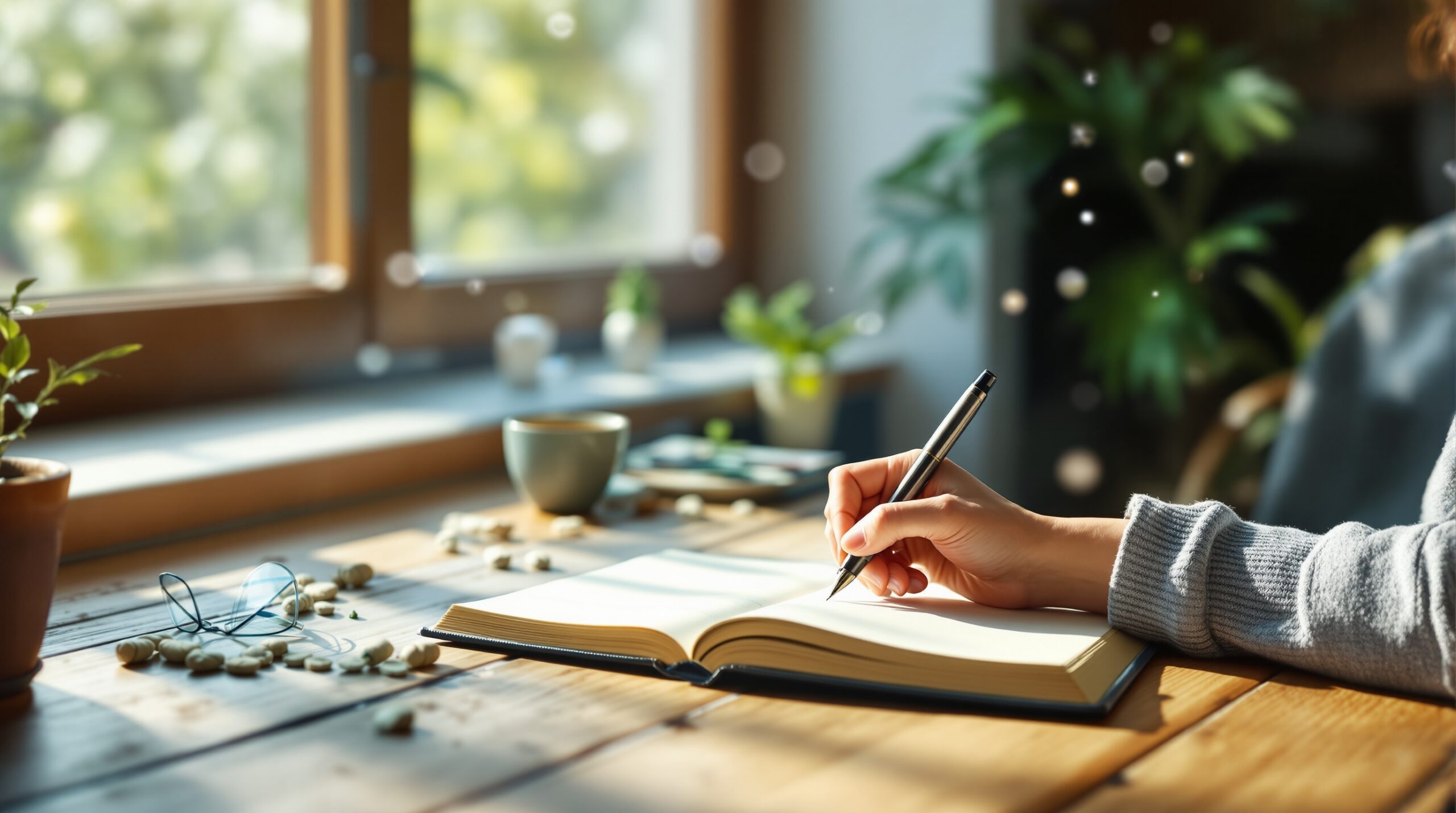 Person practicing thought journaling at wooden desk by window, writing peacefully in journal with fountain pen surrounded by calming elements like plants and herbal tea in soft natural light.