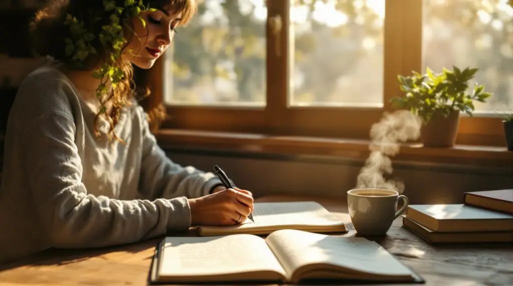 Person engaged in thought journaling at rustic wooden desk by window, writing peacefully in journal with fountain pen, surrounded by tea, books, and plant in warm natural light.