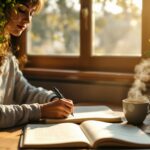 Person engaged in thought journaling at rustic wooden desk by window, writing peacefully in journal with fountain pen, surrounded by tea, books, and plant in warm natural light.