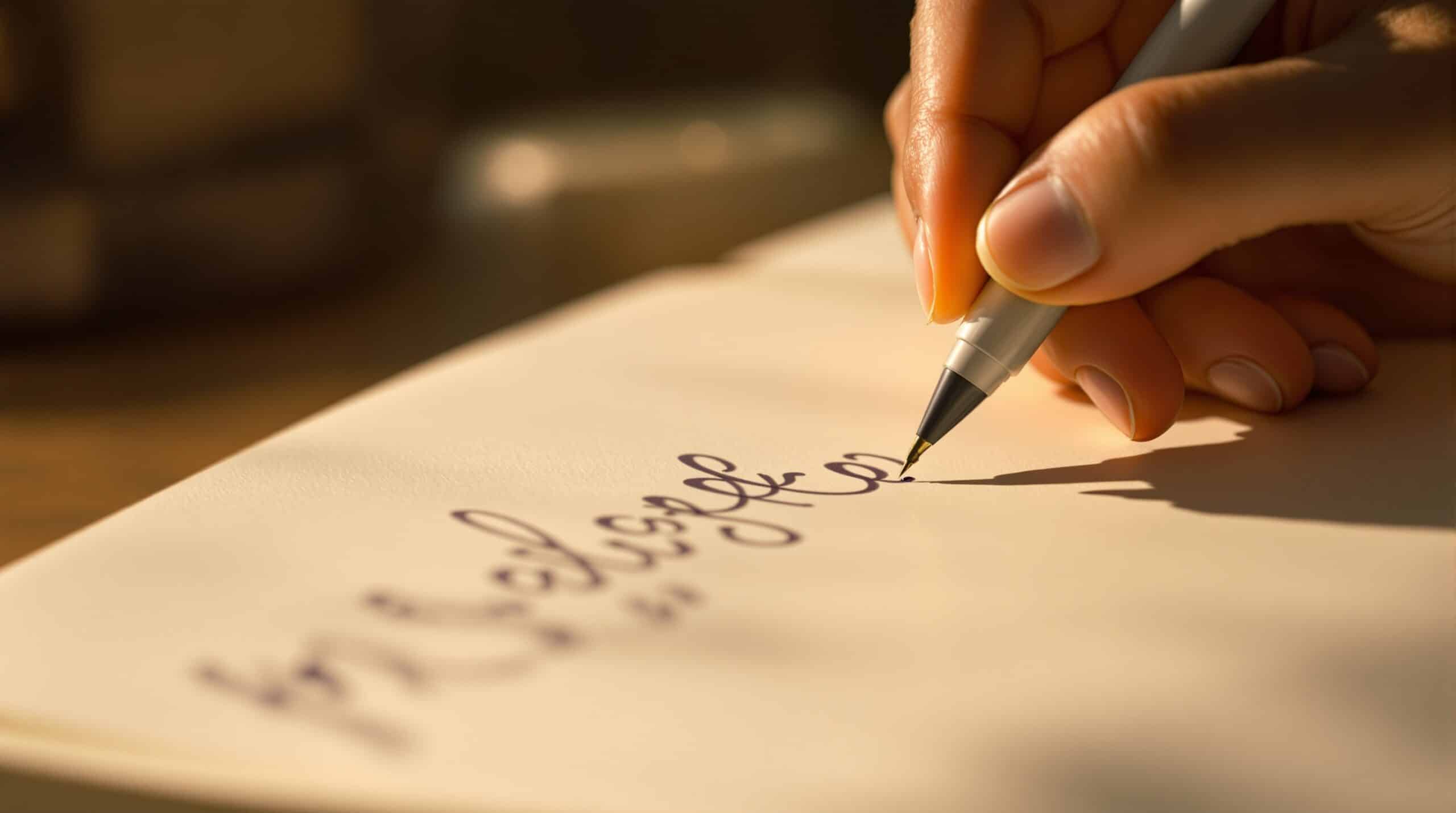 Close-up of hand writing in journal with smooth gel pen, showing fluid ink flow and comfortable grip