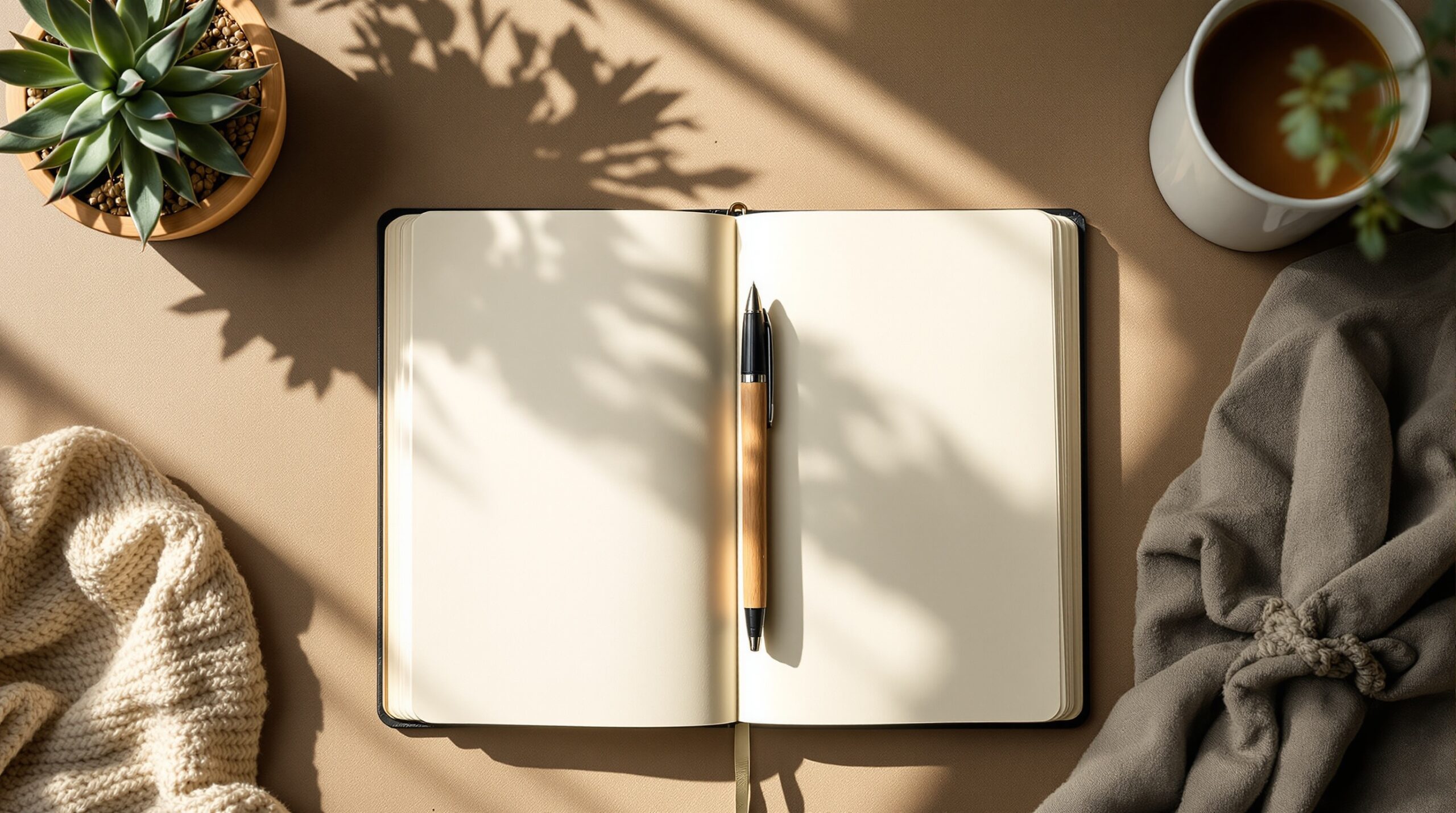 Overhead view of open blank journal with pen, coffee cup, and succulent on minimalist desk setup with natural lighting