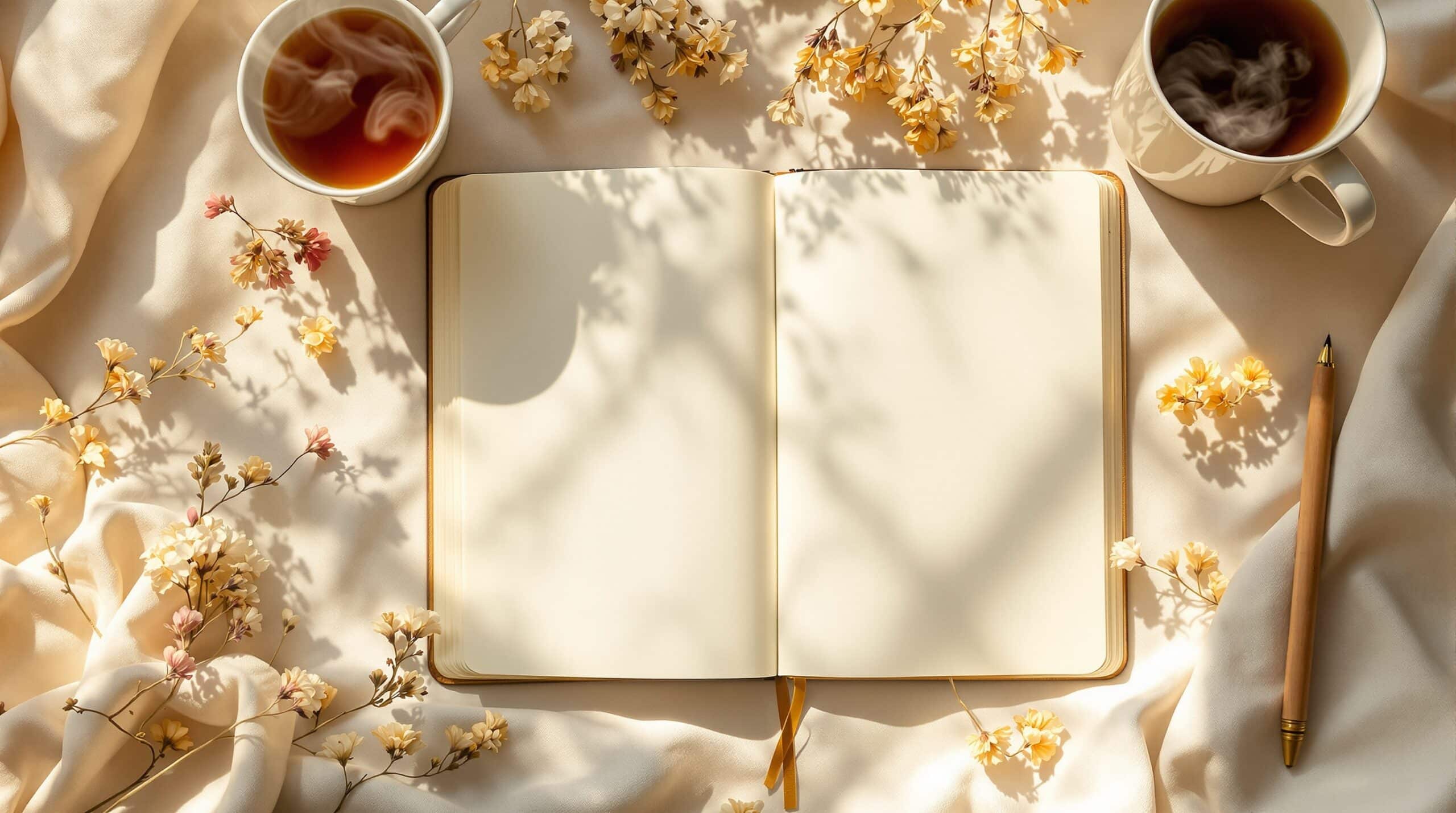 Overhead view of open mood journal with handwritten entries, herbal tea, dried flowers, and warm sunlight