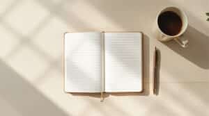 Minimalist mood journaling setup with open notebook, pen, succulent plant, and tea cup on wooden desk