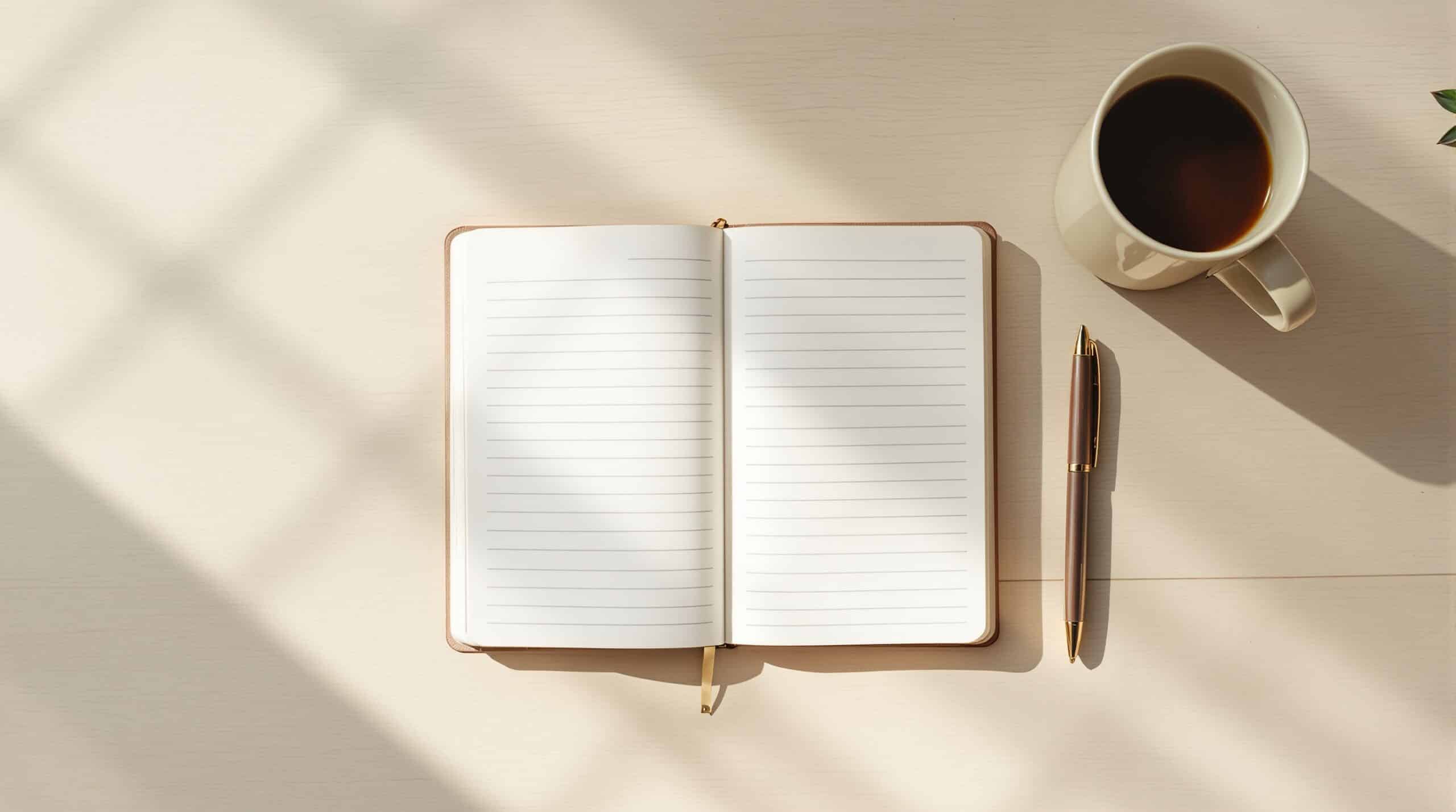Minimalist mood journaling setup with open notebook, pen, succulent plant, and tea cup on wooden desk