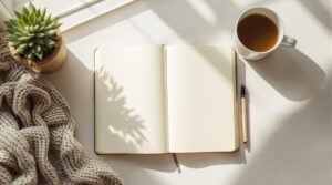 Overhead view of open blank journal with pen, herbal tea cup, and succulent on minimalist desk for mood journaling