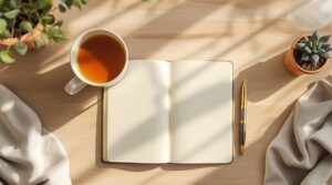 Peaceful journaling setup with open notebook, tea cup, fountain pen, and succulent on wooden desk in natural light