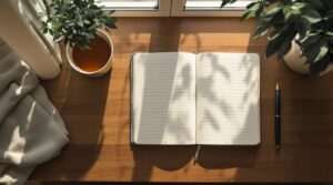 Clean wooden desk with open journal, pen, tea cup, and plant in soft natural light for thought journaling CBT practice