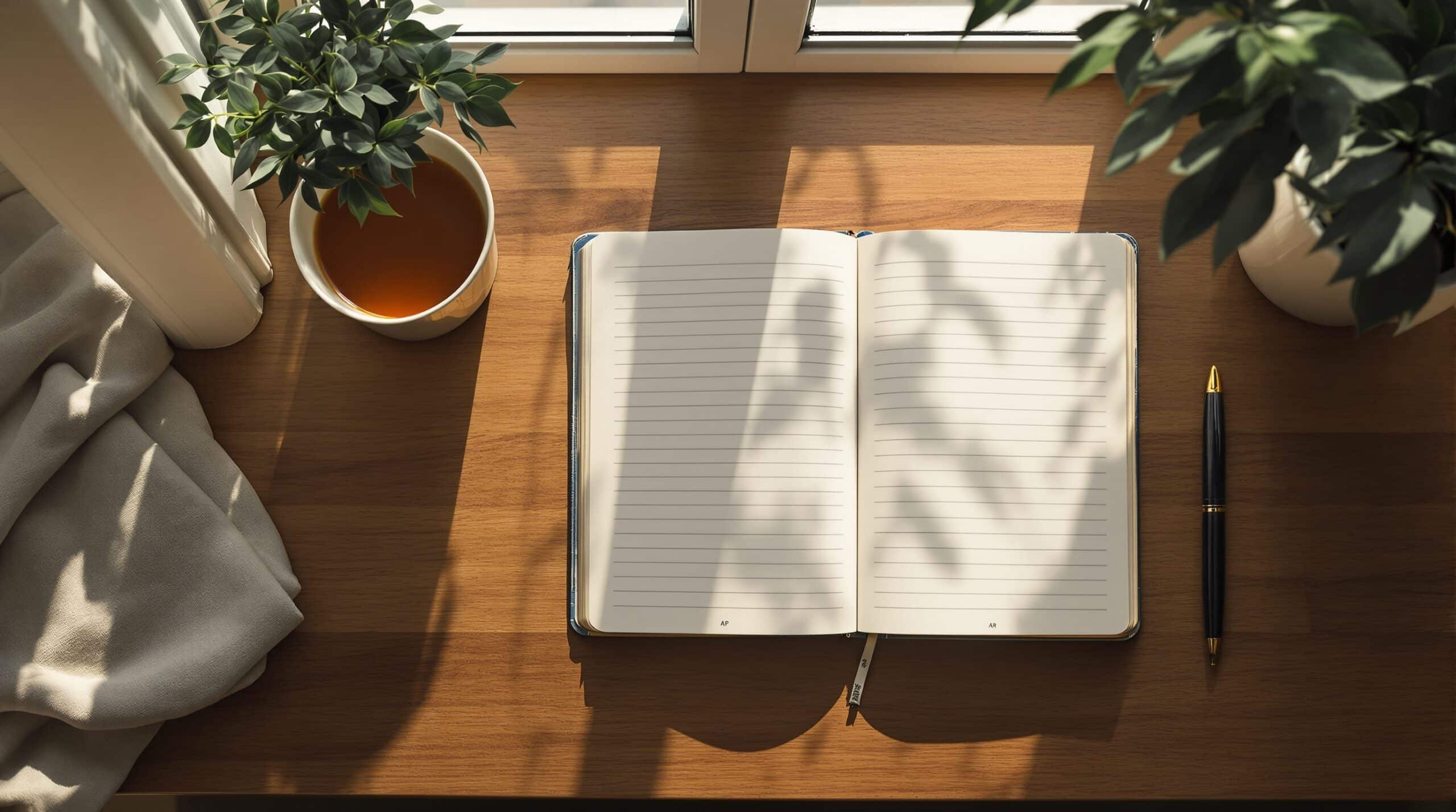 Clean wooden desk with open journal, pen, tea cup, and plant in soft natural light for thought journaling CBT practice