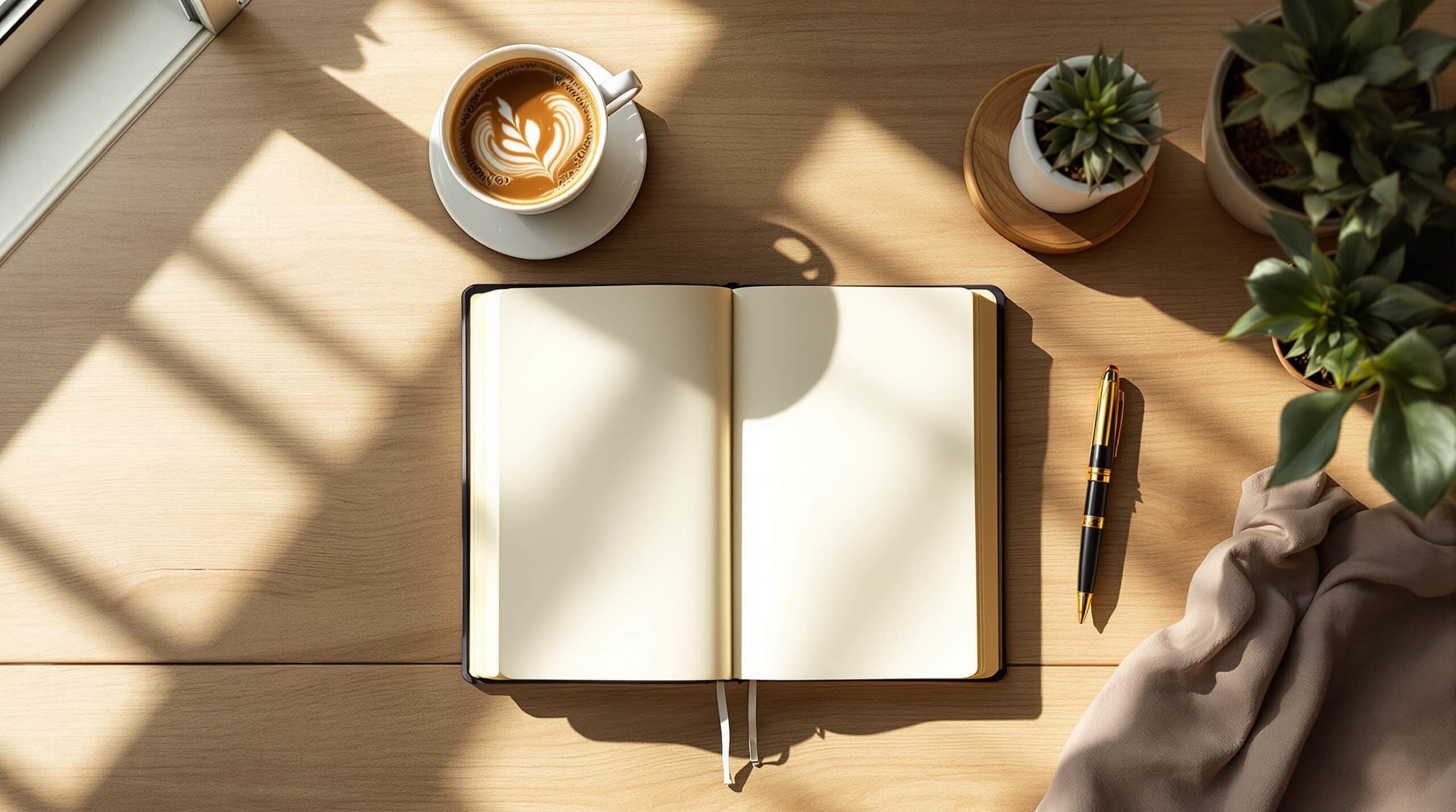 Open journal with handwritten text on wooden desk surrounded by coffee cup, fountain pen, and plants in natural light