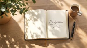 Open journal with handwritten pages on wooden desk, pen beside it, soft natural light creating peaceful writing atmosphere