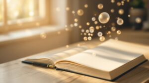 Open journal with blank pages on wooden desk, fountain pen beside it, soft light creating peaceful thought journaling setup