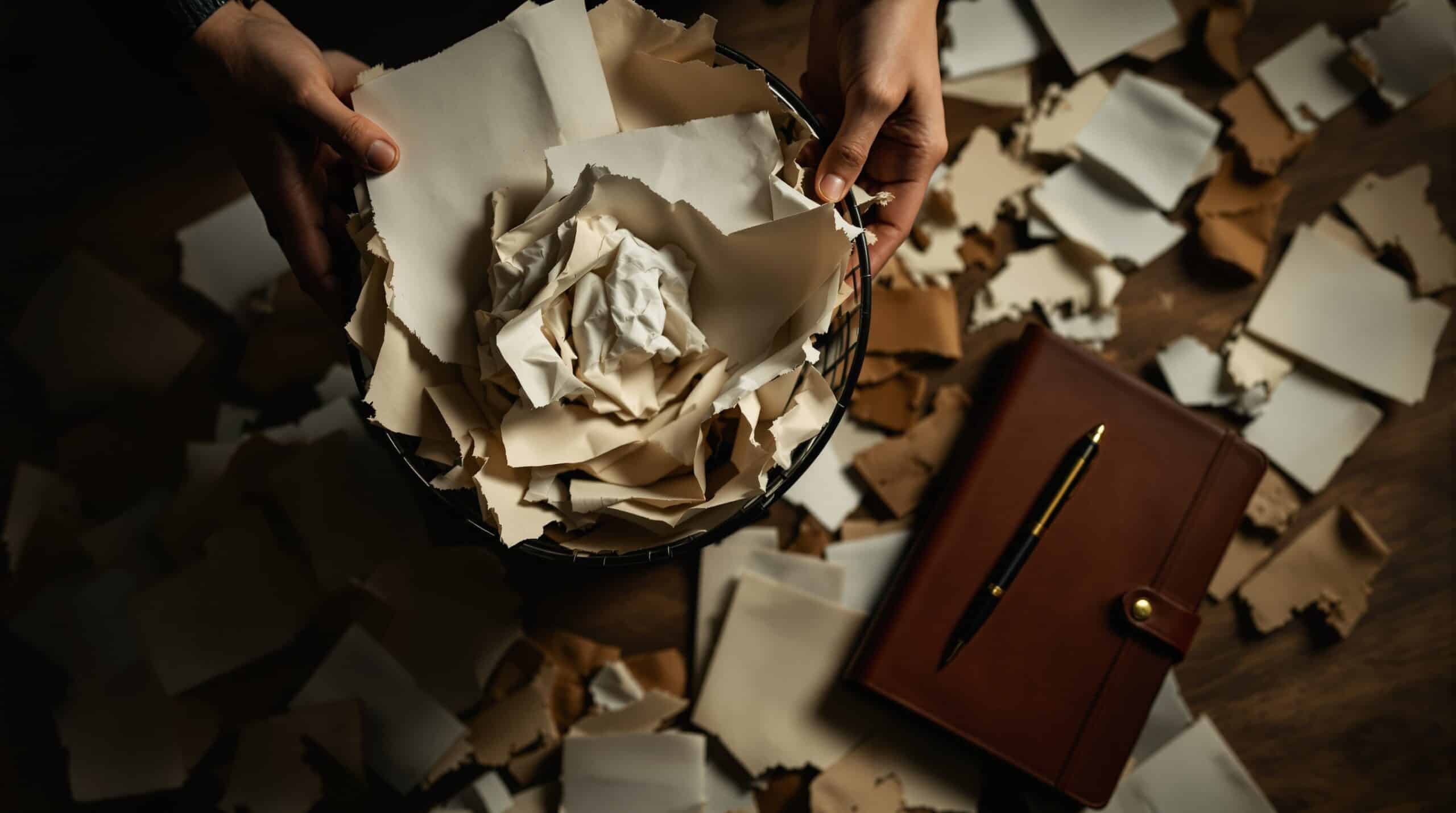 Crumpled journal page being thrown into wastebasket with torn pages scattered around and frustrated hands visible