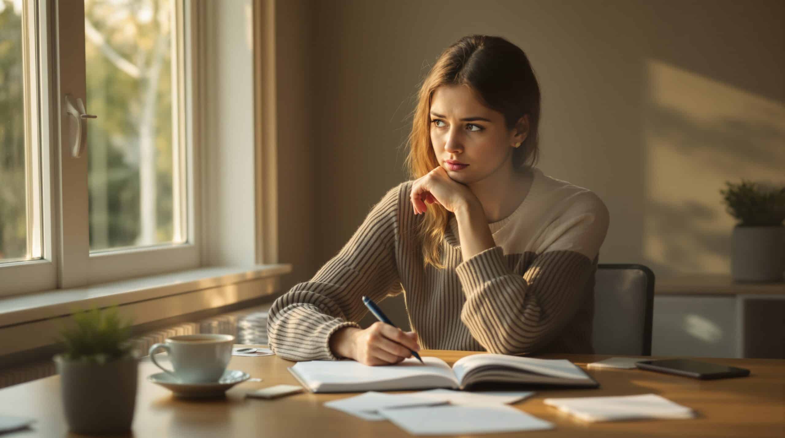 Woman sitting at desk holding open blank journal with pen, looking thoughtfully frustrated in soft natural lighting