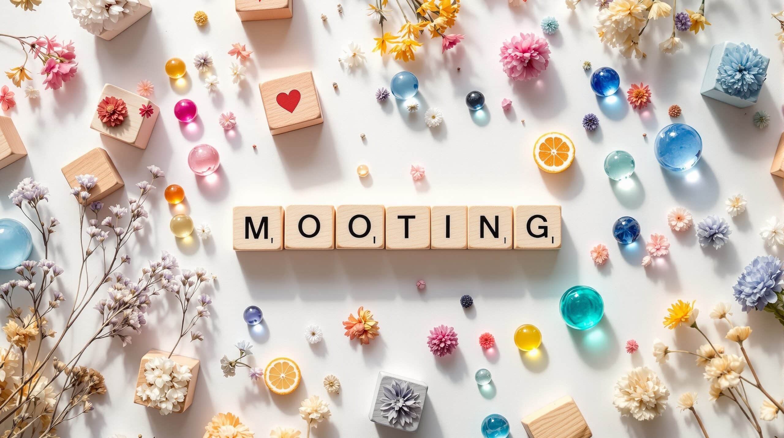 Colorful wooden mood blocks, glass marbles, and dried flowers arranged on white surface for emotion tracking