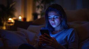 Person holding smartphone with glowing screen in dimly lit room, showing contemplation and frustration while using journaling app