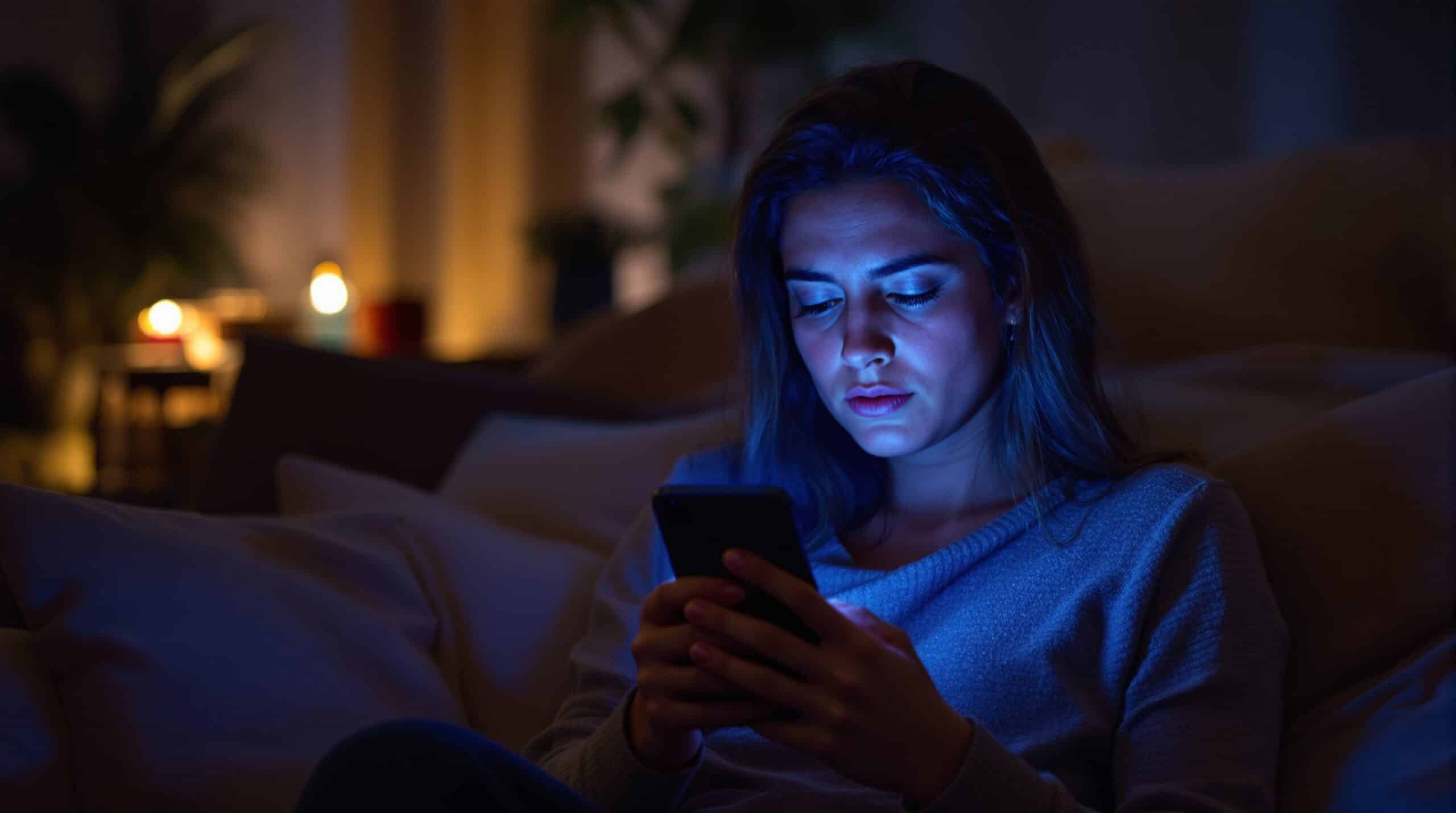 Person holding smartphone with glowing screen in dimly lit room, showing contemplation and frustration while using journaling app