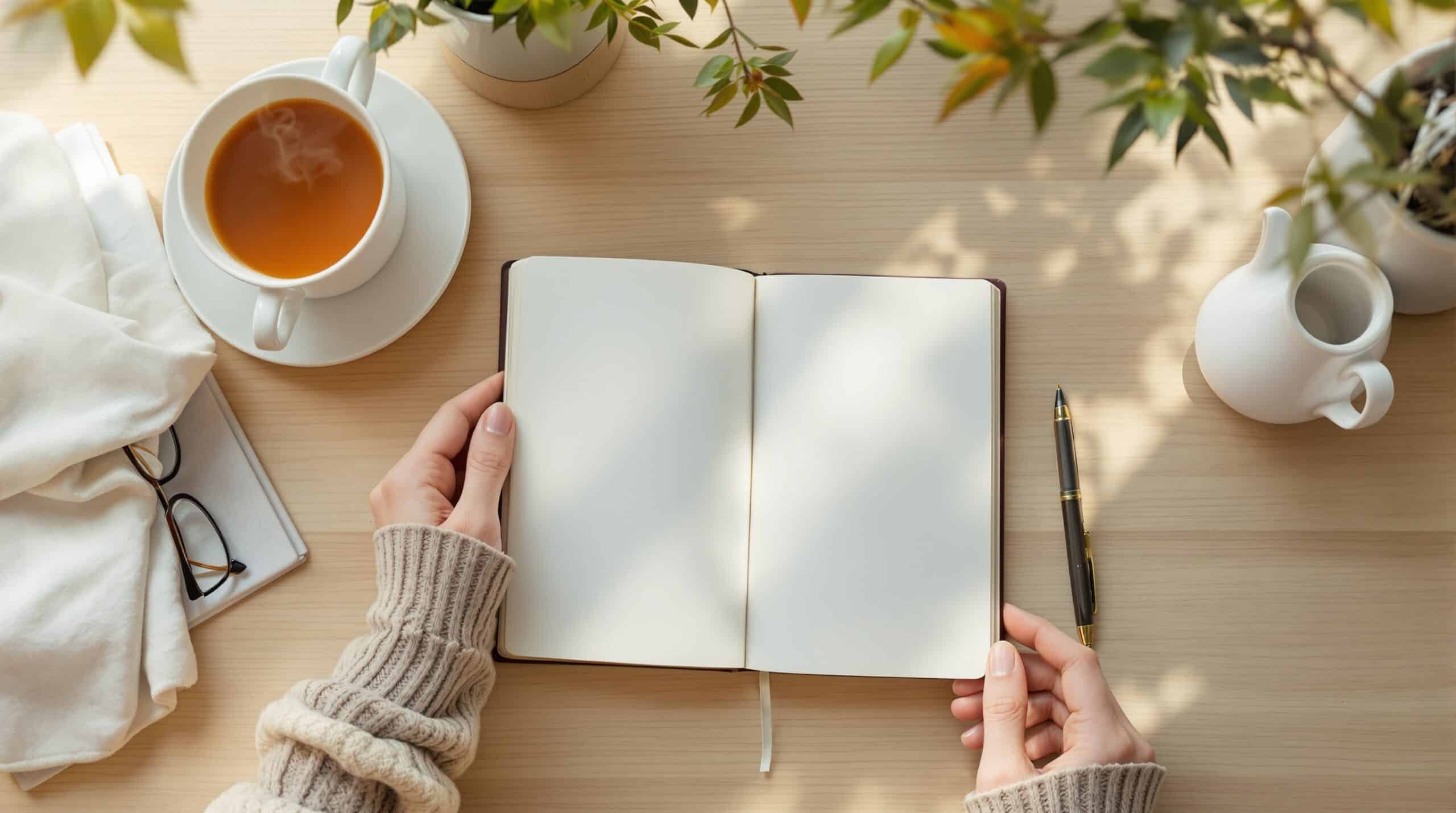 Person's hands holding open blank notebook on wooden desk with tea cup and pen for CBT thought journaling