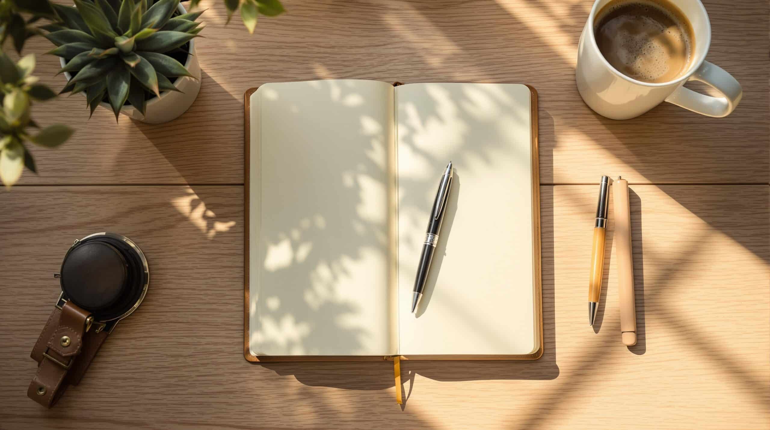 Open leather journal with blank pages on wooden desk, surrounded by fountain pen, coffee cup, and succulent plant