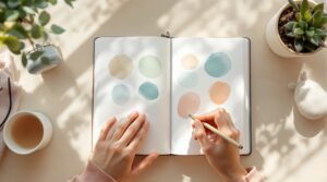 Person writing in mood journal with colorful emotion indicators, surrounded by tea cup and succulent on wooden desk
