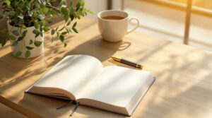 Open journal with blank pages on wooden desk beside fountain pen, tea cup, and plant in warm natural light