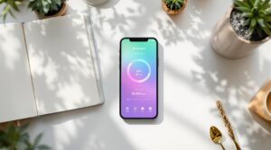 Smartphone displaying colorful mood tracking app interface beside journal, tea cup, and plants on white desk