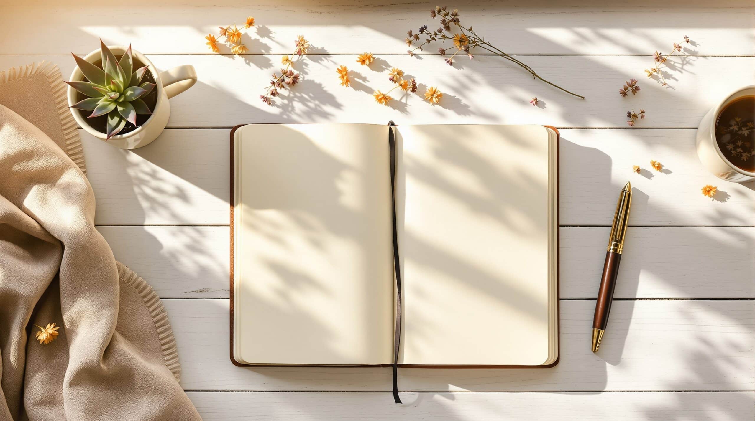 Overhead view of open leather journal with blank pages, herbal tea, succulent plant, and pen on white wooden desk