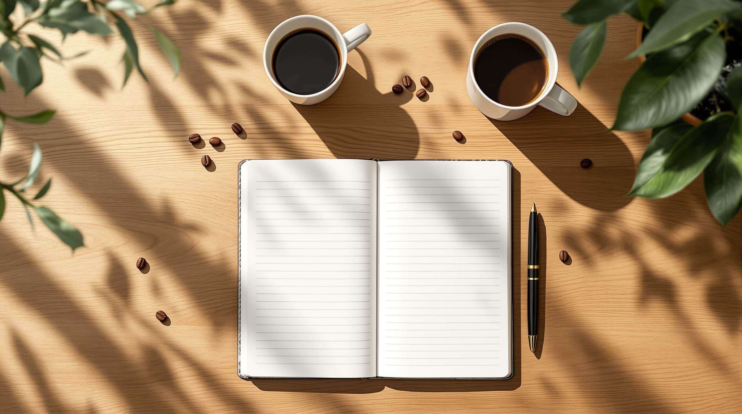 Open journal with fountain pen on wooden desk featuring neural network patterns, coffee cup, and plant leaves