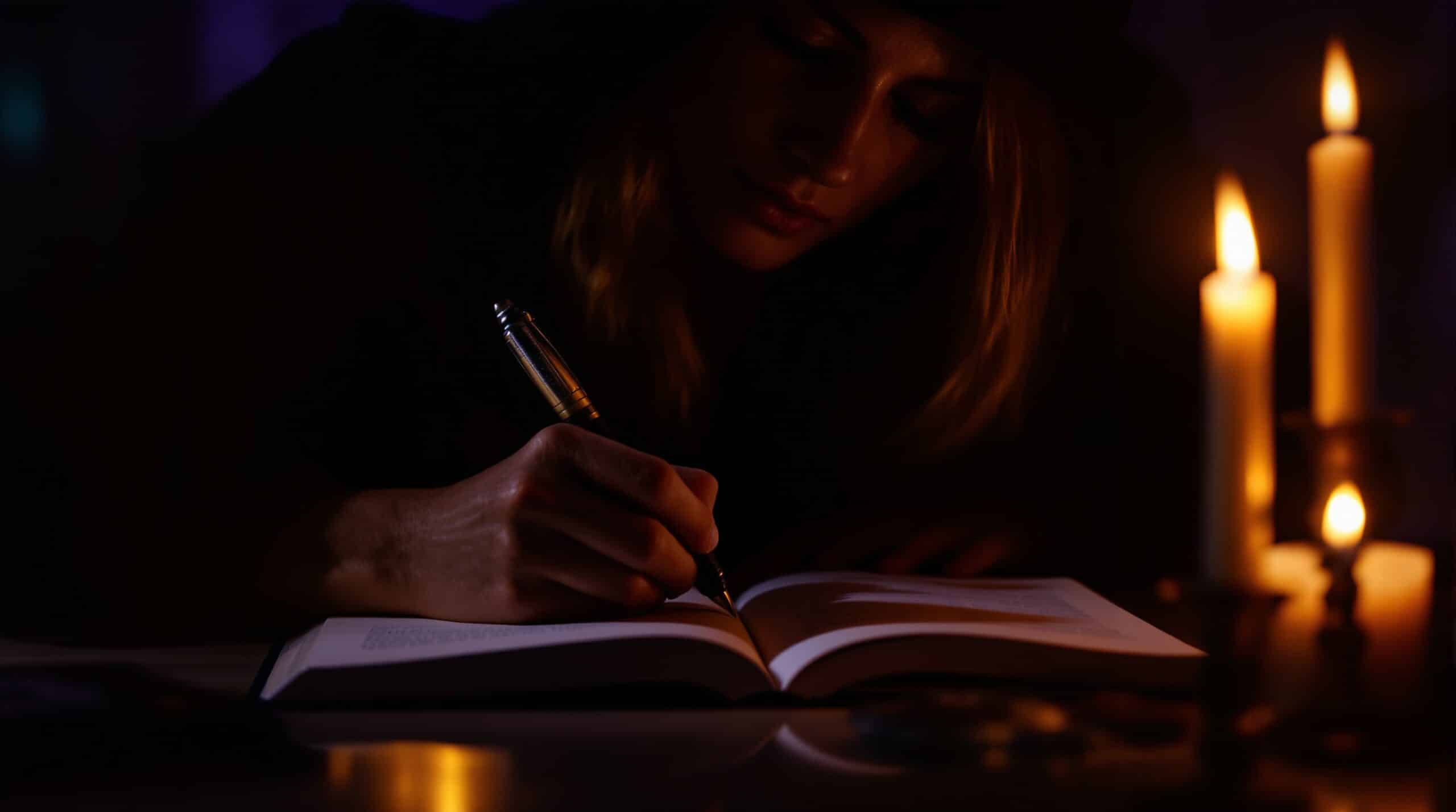 Person writing in journal by candlelight with dramatic shadows, exploring shadow work journaling in peaceful setting