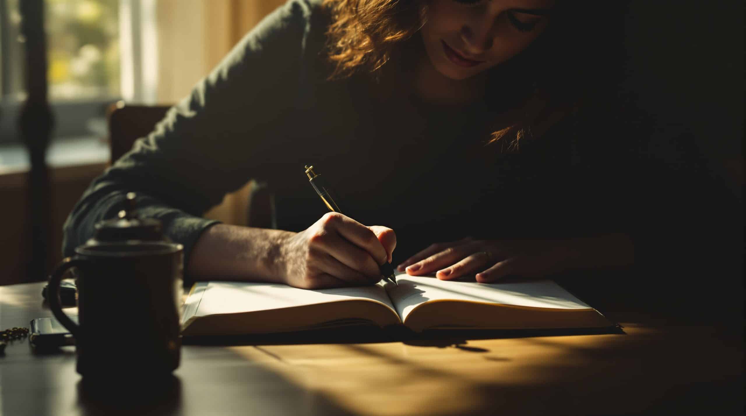 Person writing in journal at wooden desk with fountain pen, face partially shadowed in warm natural light