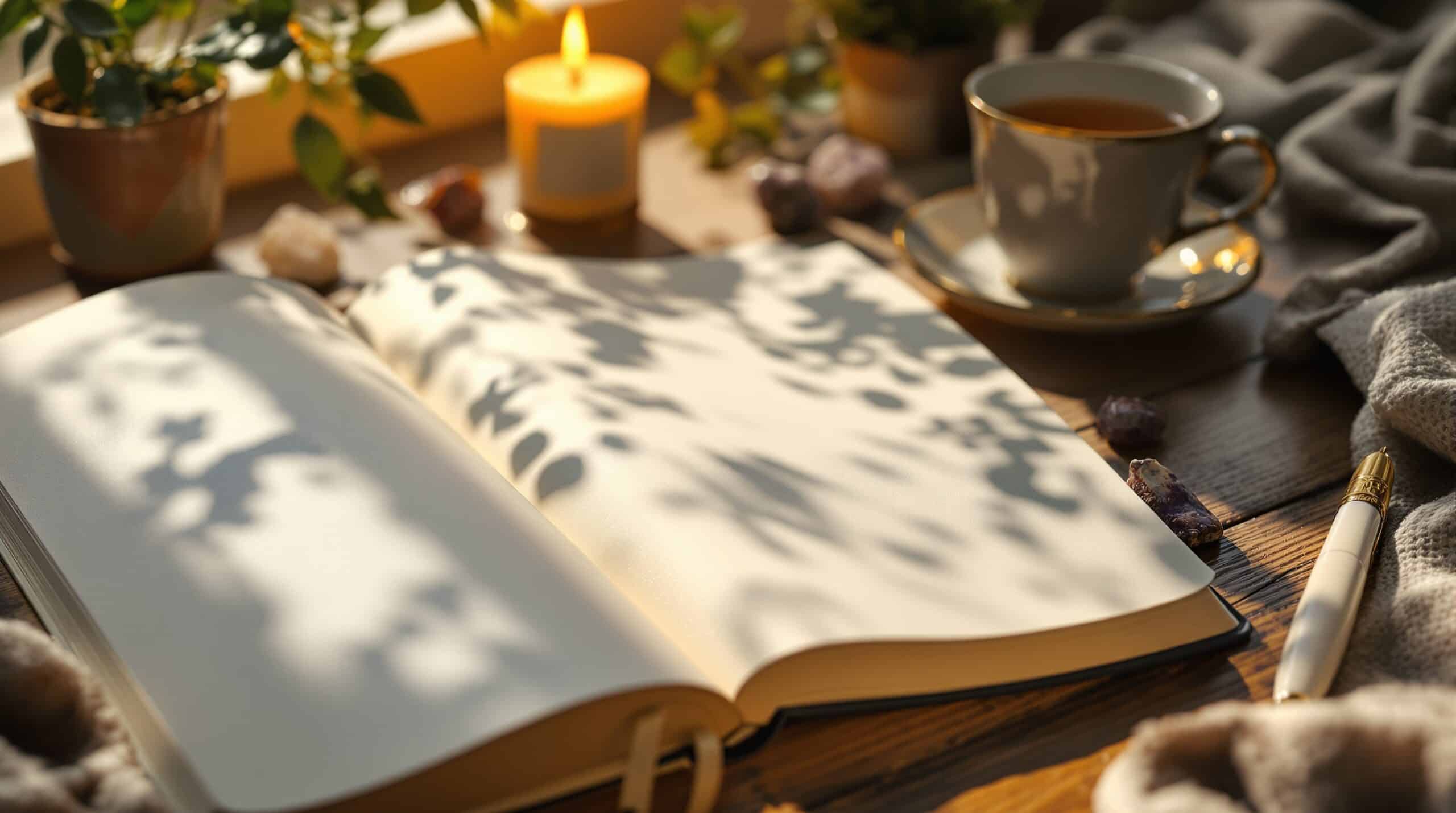 Open journal with blank pages on wooden desk surrounded by candlelight, fountain pen, and soft shadows
