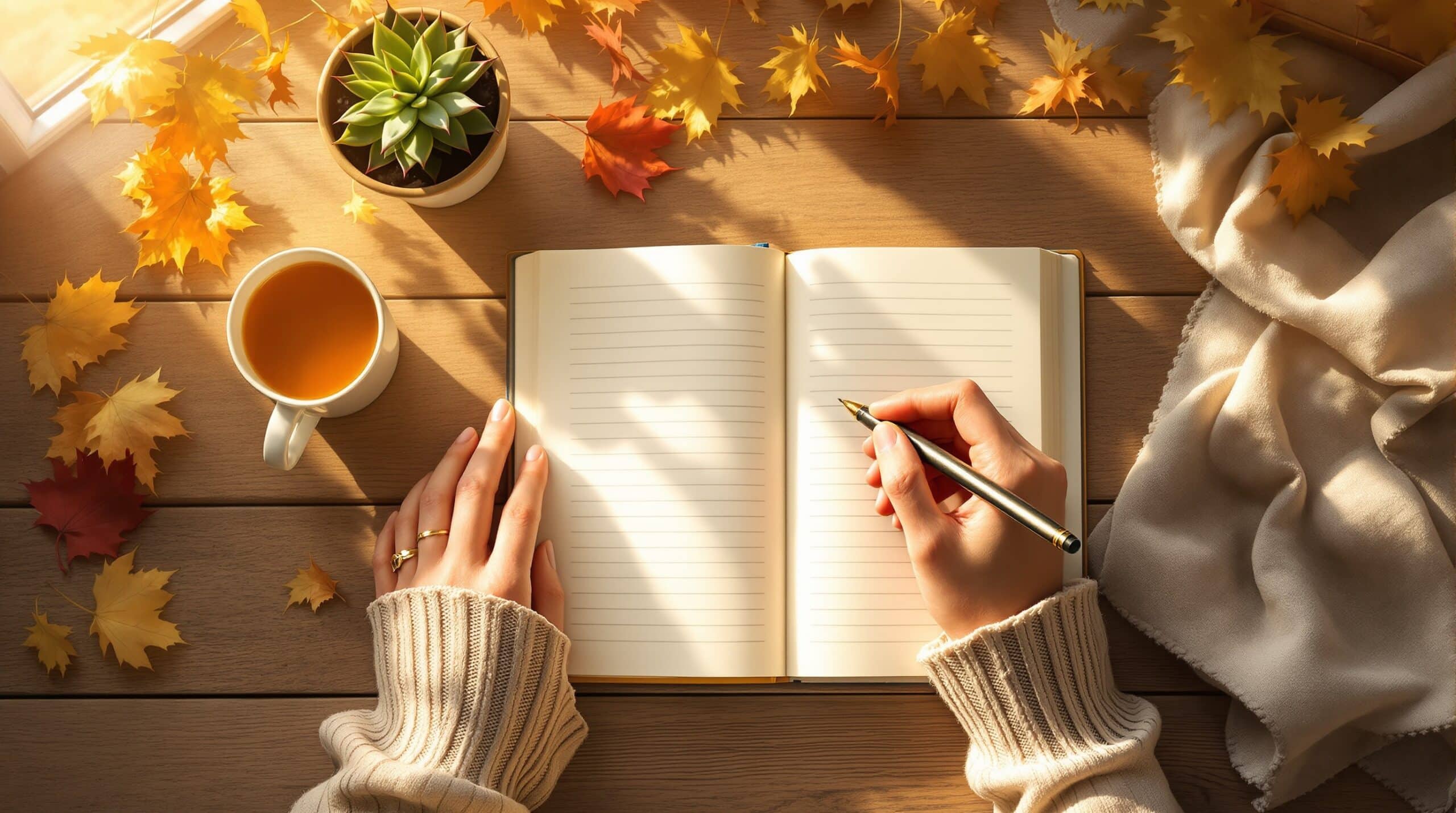 Hands writing in open journal with fountain pen on wooden desk, surrounded by tea cup, succulent, and autumn leaves