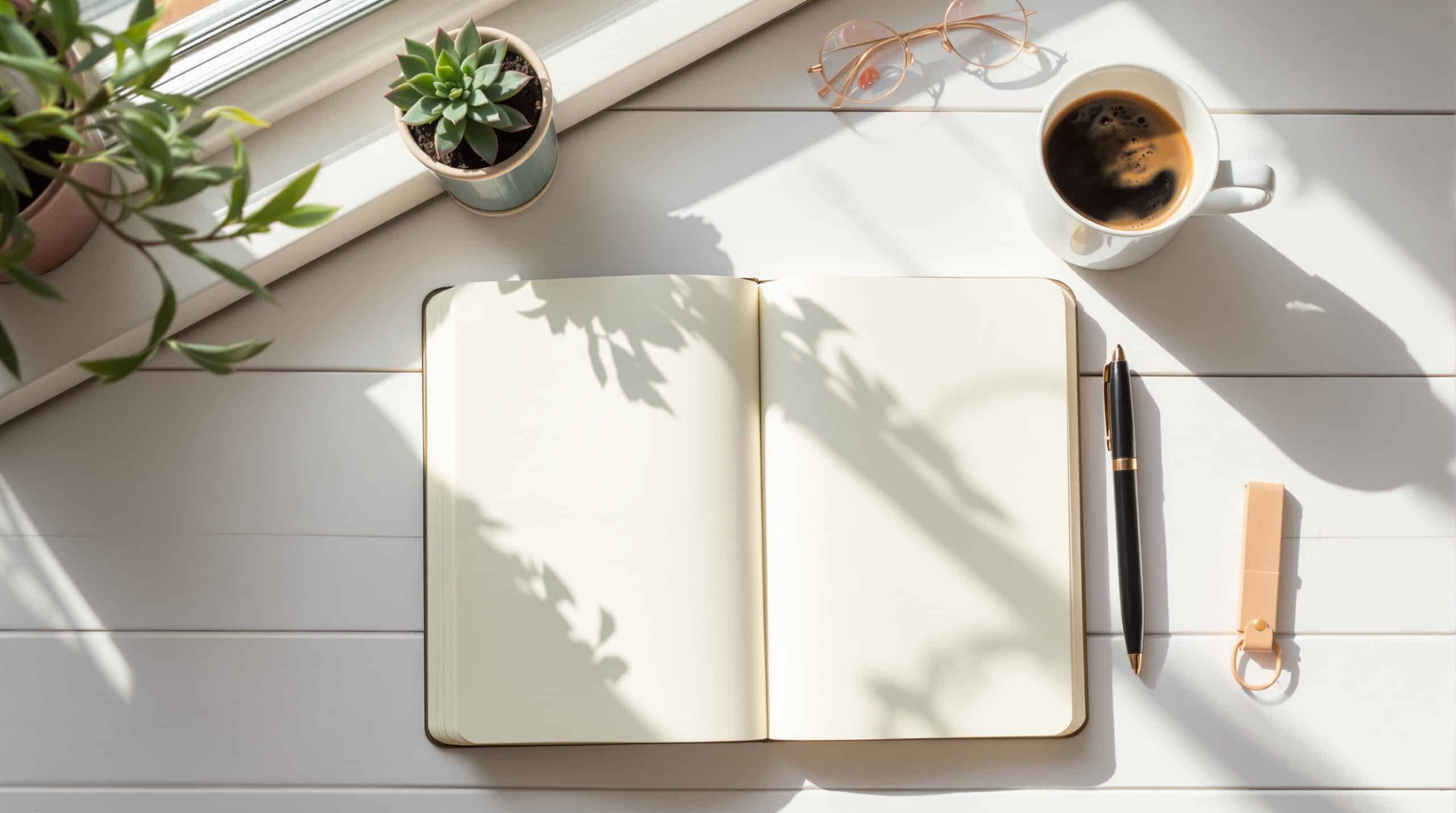 Minimalist thought journaling setup with open notebook, coffee cup, pen, and succulent on white wooden desk