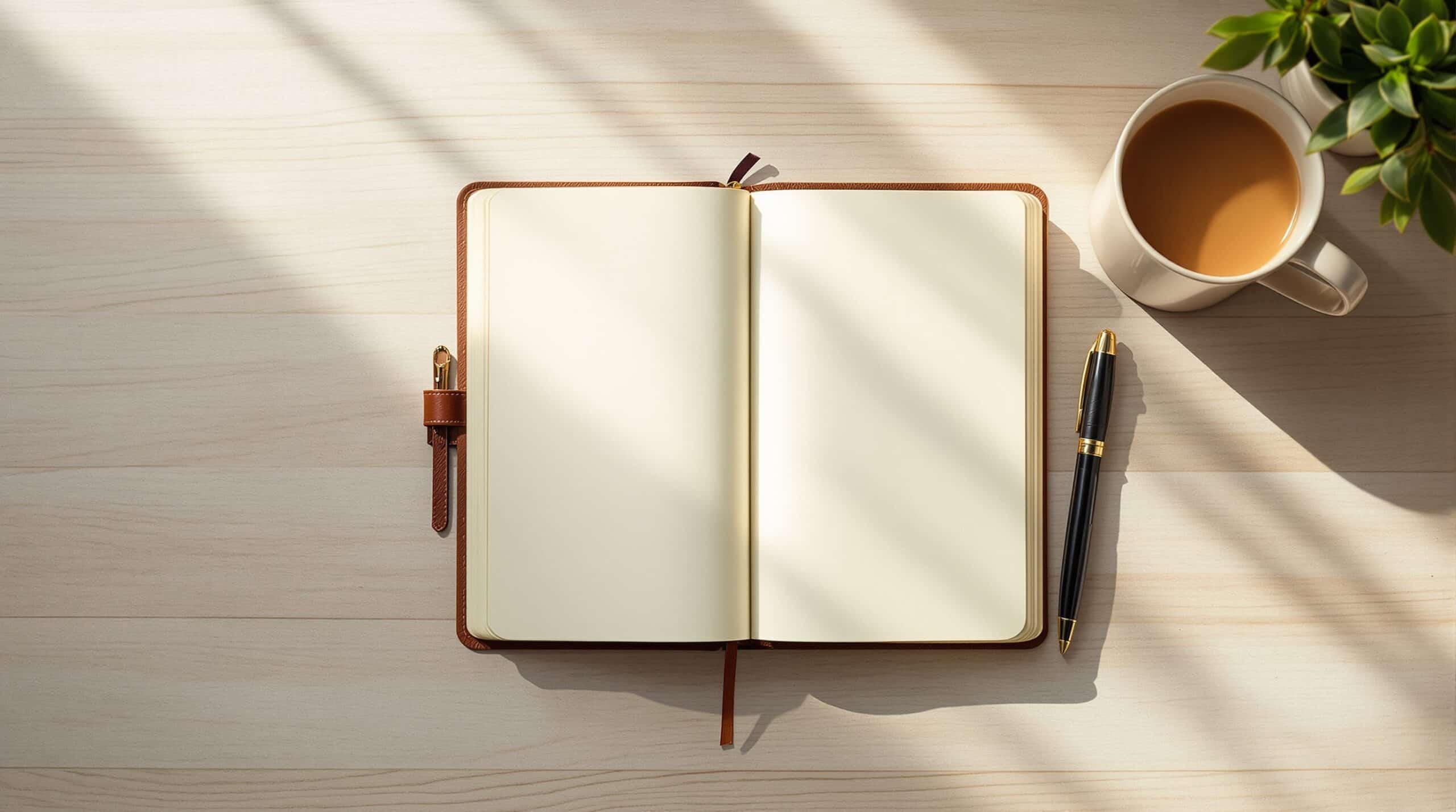 Overhead view of open leather journal on wooden desk with fountain pen, succulent plant, and coffee cup