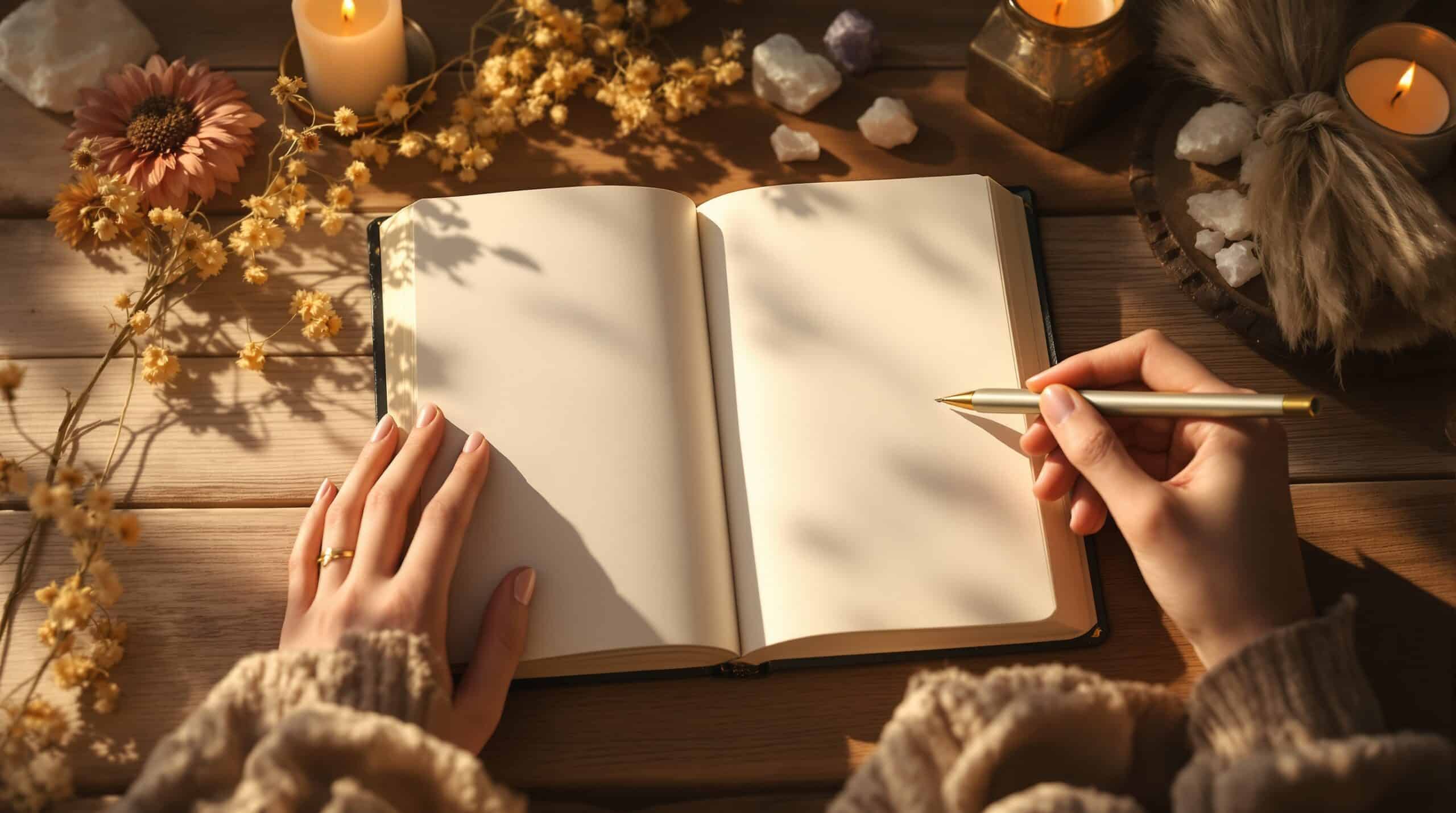 Open journal with blank pages surrounded by candles and crystals on wooden surface, hands holding pen ready to write