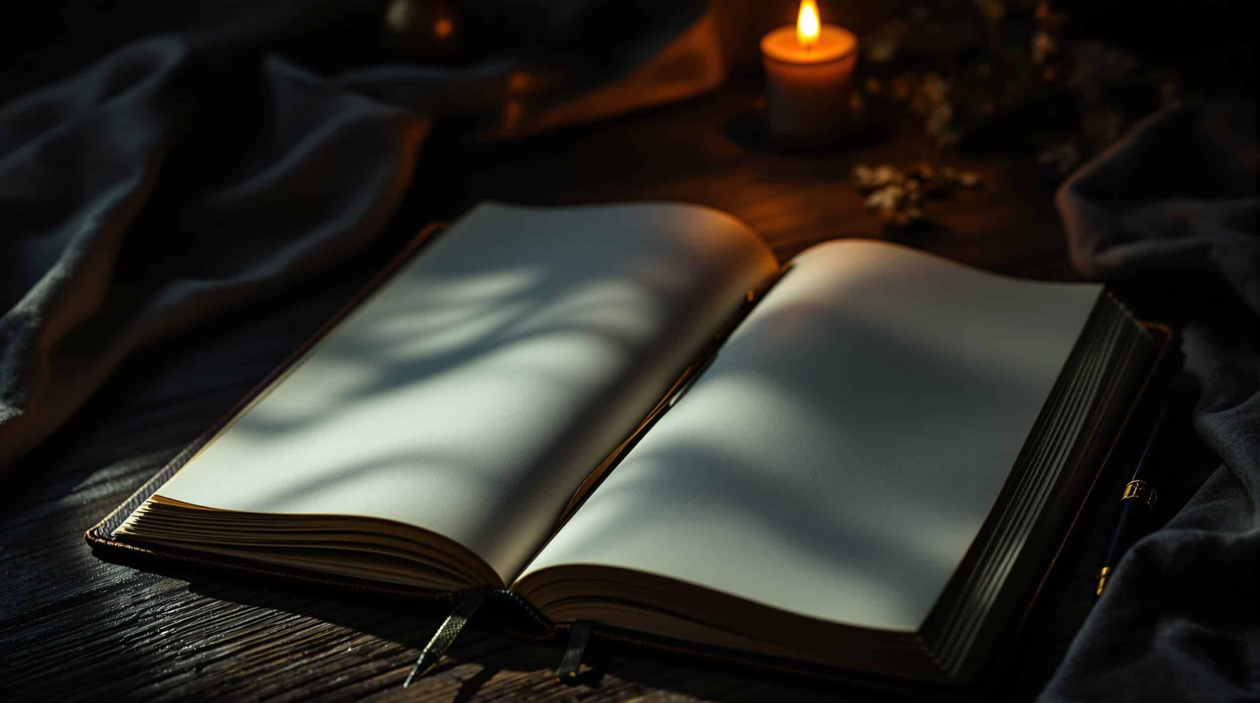Open shadow work journal with blank pages on dark wood surface, fountain pen nearby, dramatic candlelight casting shadows